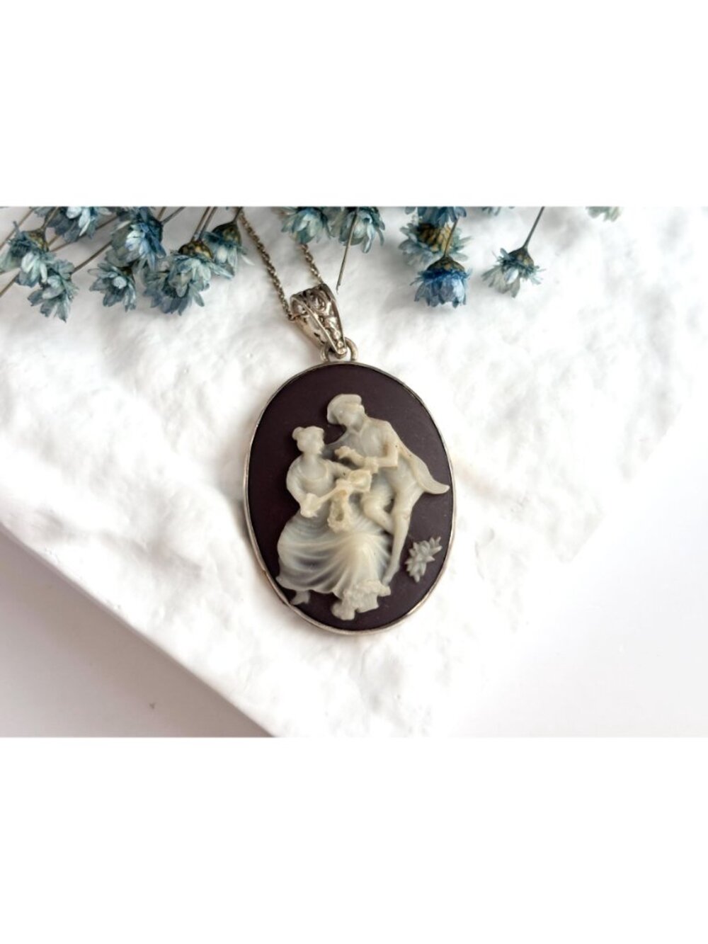 Courting Scene Brown & White Cameo Two Lovers 925 Vintage Pendant Necklace - 17" - Picture 14 of 16
